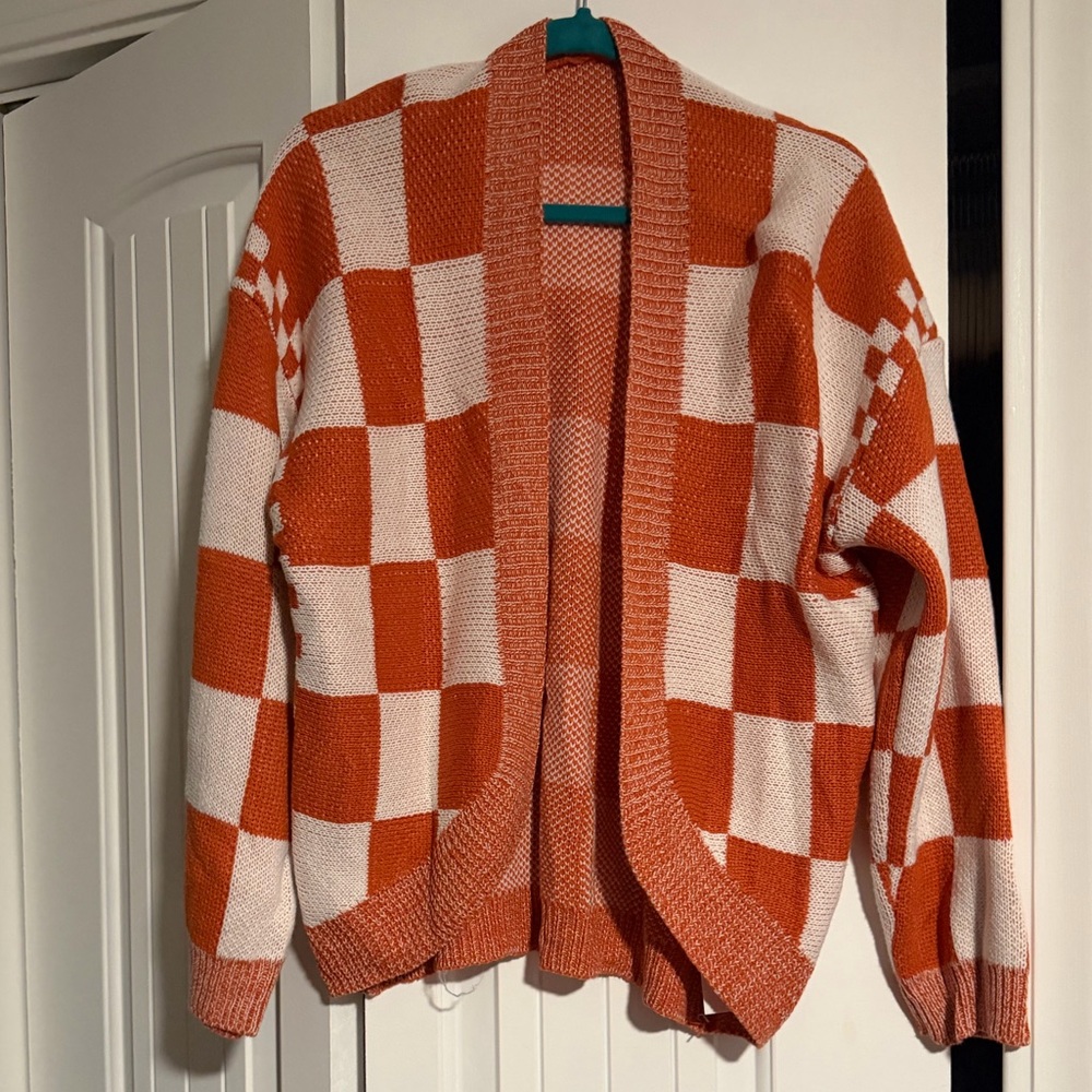 Orange and White Checkered Women's Sweater
